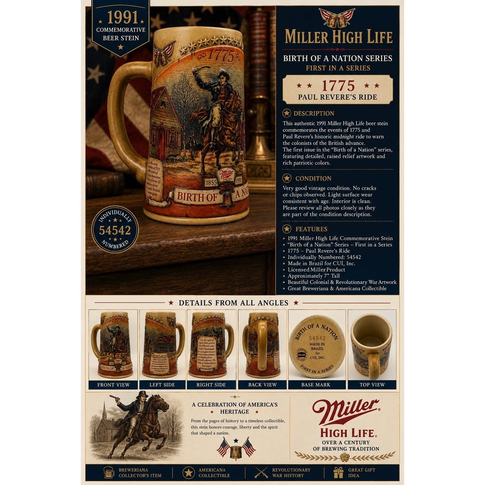 Miller High Life 1991 Birth of a Nation 1775 Paul Revere Beer Stein Collectible